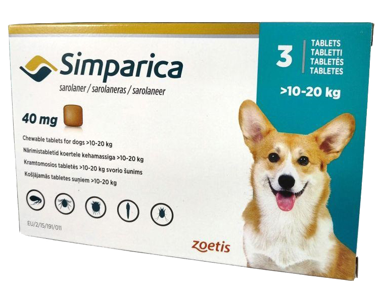 Таблетки для собак до 20 кг Zoetis Симпарика от блох и клещей 40 мг