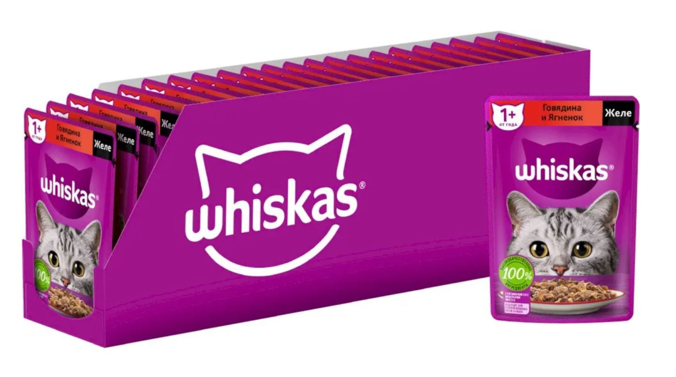 

Влажный корм для кошек Whiskas с говядиной и ягненком, 28 шт по 75 г, говядина, ягненок 85 г