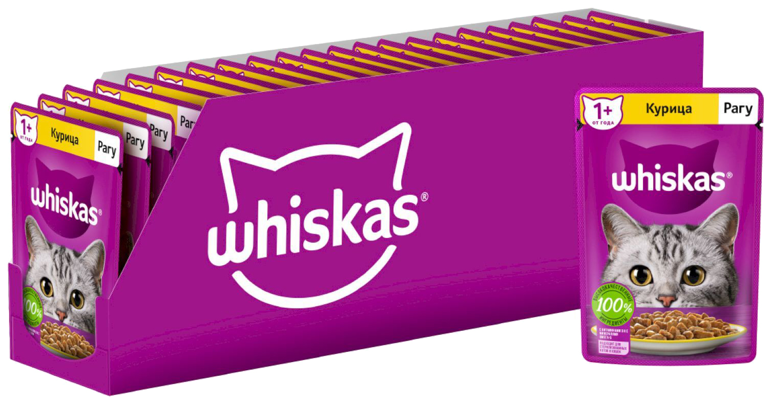 Влажный корм для кошек Whiskas рагу с курицей, 28 шт по 75 г