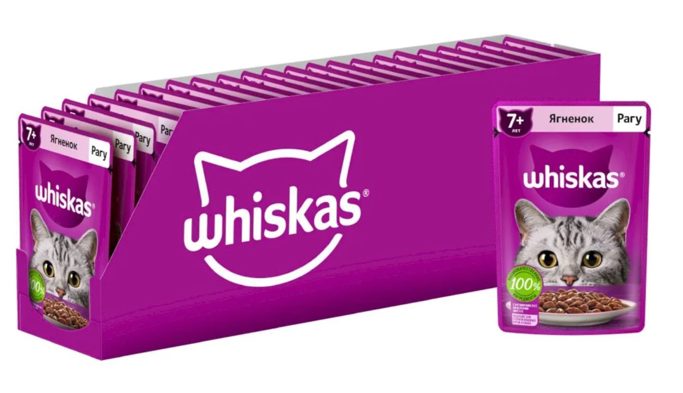 

Влажный корм для кошек Whiskas рагу с ягненком, старше 7 лет, 28 шт по 75 г, ягненок 75 г