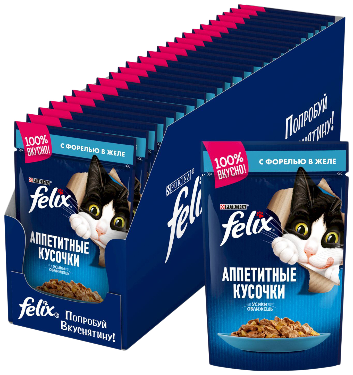 

Влажный корм для кошек Felix Аппетитные с форелью в желе, 26 шт по 85 г, Аппетитные кусочки