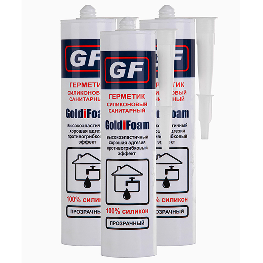 Герметик силиконовый, санитарный GoldiFoam, 260 мл., с фунгицидом, прозрачный, 3 шт. силиконовый санитарный герметик goldifoam