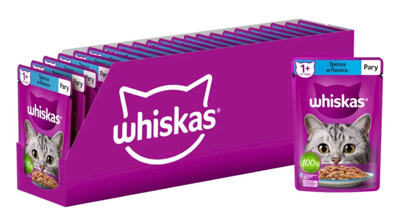 

Влажный корм для кошек Whiskas рагу с треской и лососем, 28 шт по 75 г, треска, лосось 75 г