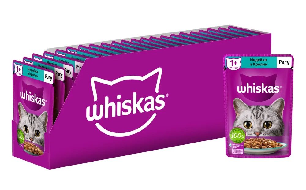 

Влажный корм для кошек Whiskas рагу с индейкой и кроликом, 28 шт по 75 г, индейка, кролик 75 г