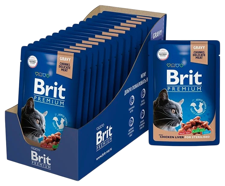 

Влажный корм для кошек Brit Premium куриная печень, для стерилизованных, 14 шт по 85 г, Premium