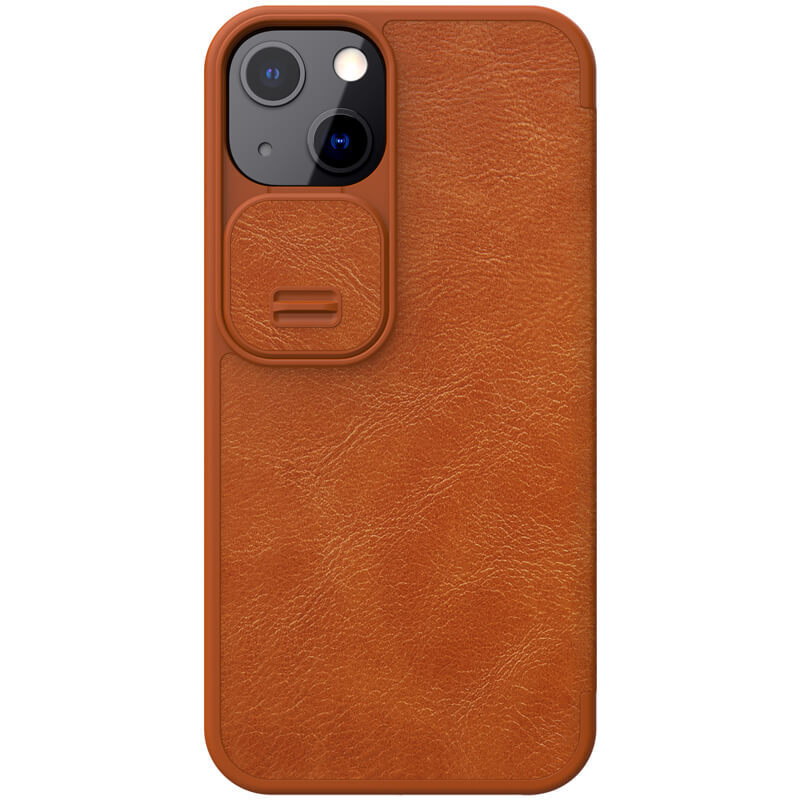 фото Кожаный чехол-книжка nillkin leather qin pro c защитой камеры для iphone 13 (коричневый)