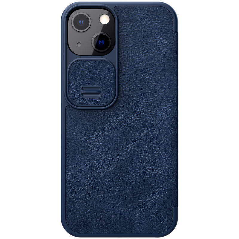 фото Кожаный чехол-книжка nillkin leather qin pro c защитой камеры для iphone 13 (темно-синий)