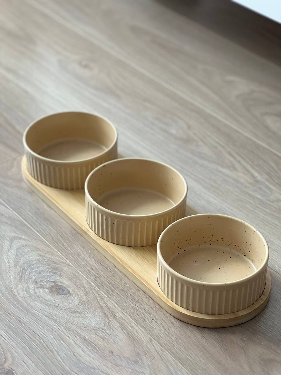 

Миска для животных MALELOONZOO тройная на подставке, бежевая, керамическая, 3 шт по 0,4 л, Бежевый