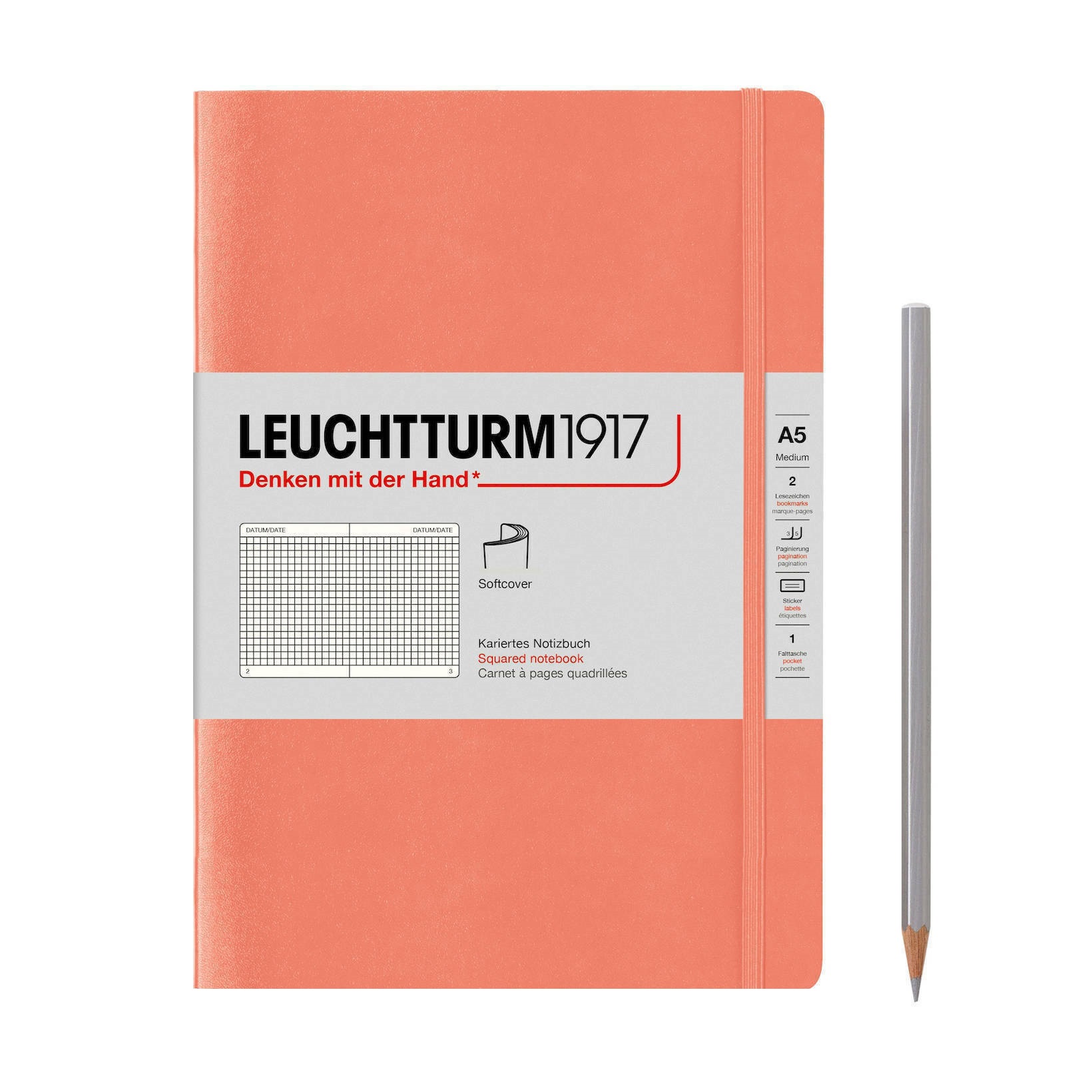 

Записная книжка Leuchtturm А5, в клетку, персиковая, 123 страниц, мягкая обложка, Leuchtturm 5 123
