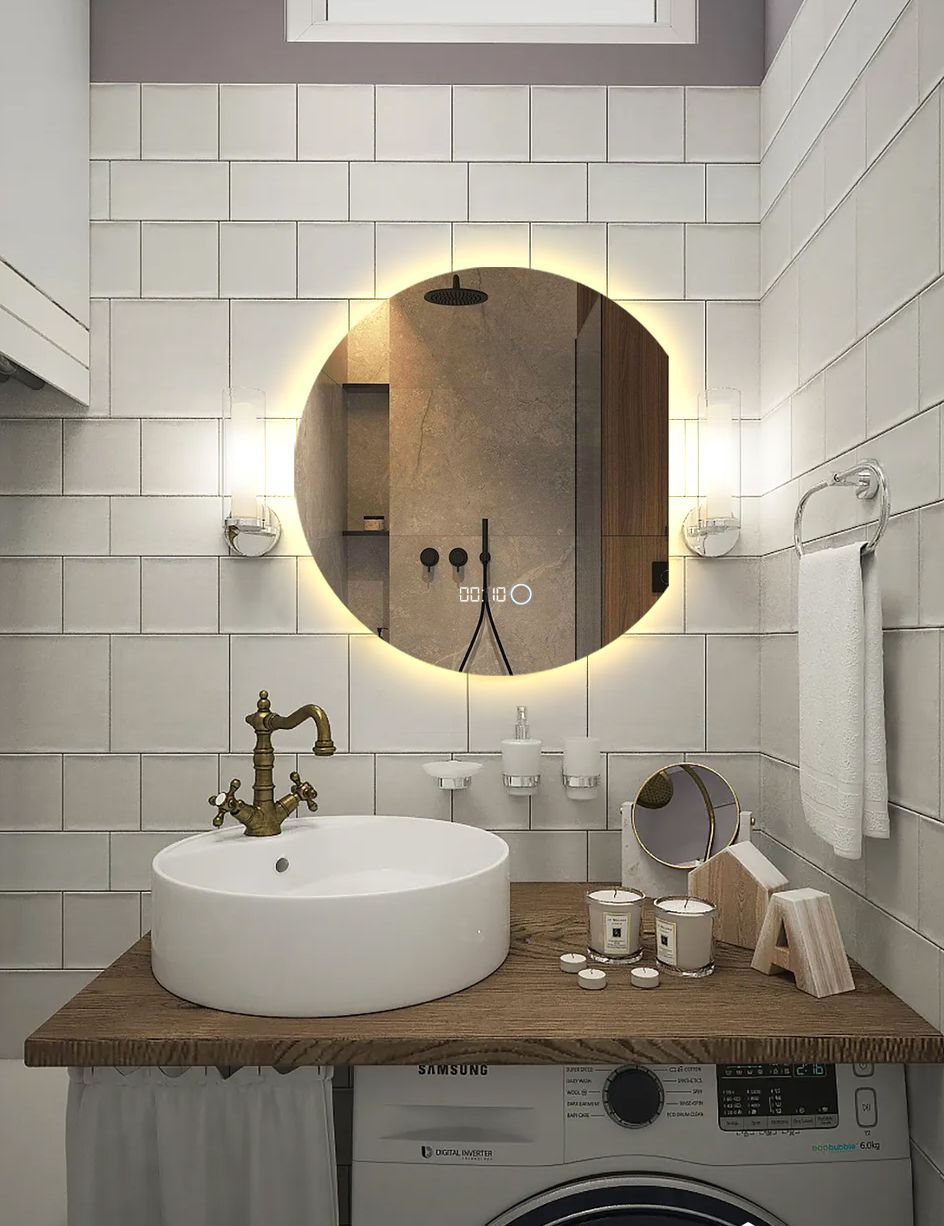 Зеркало для ванной с часами Eclipse 80*70 круглое с правым срезом с тёплой LED-подсветкой