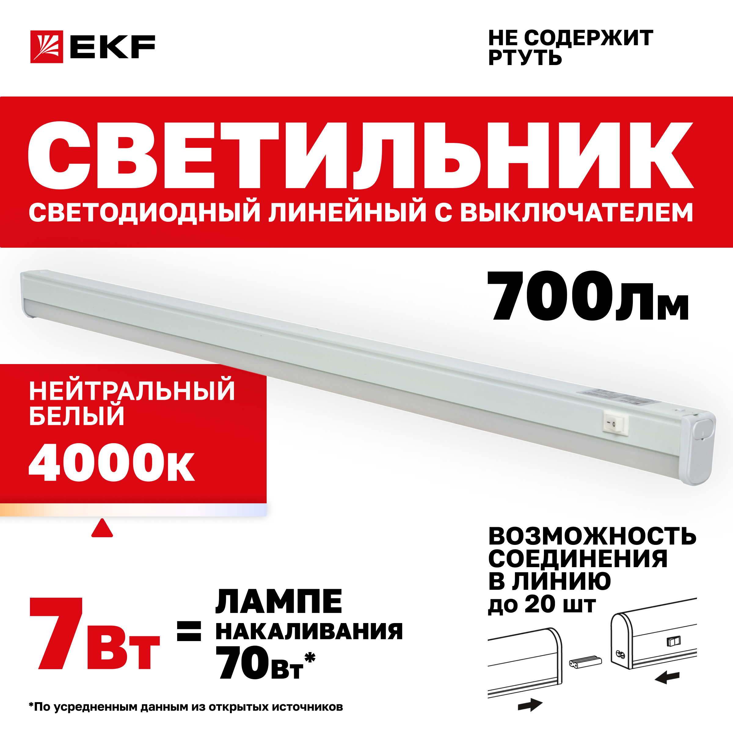 

Светильник EKF светодиодный линейный с выключ. ДБОВ-7102 7Вт 4000K IP20 LBS-7102-7-4000