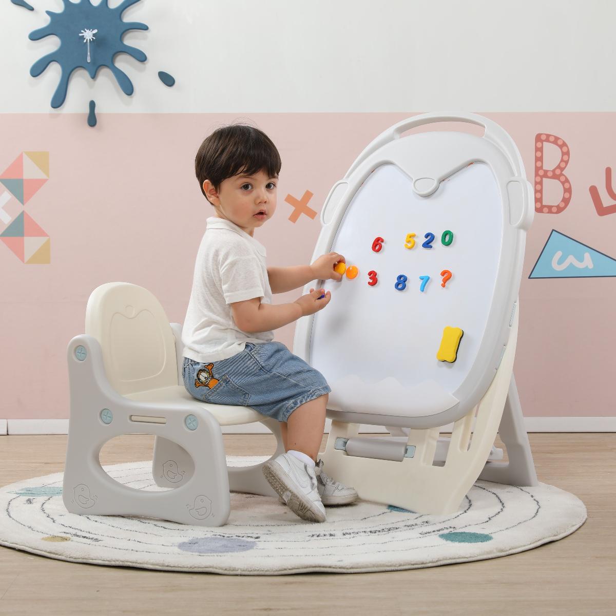 Развивающий детский мольберт UNIX Kids Grey магнитно-маркерный со стульчиком, растущий детский двухсторонний мольберт