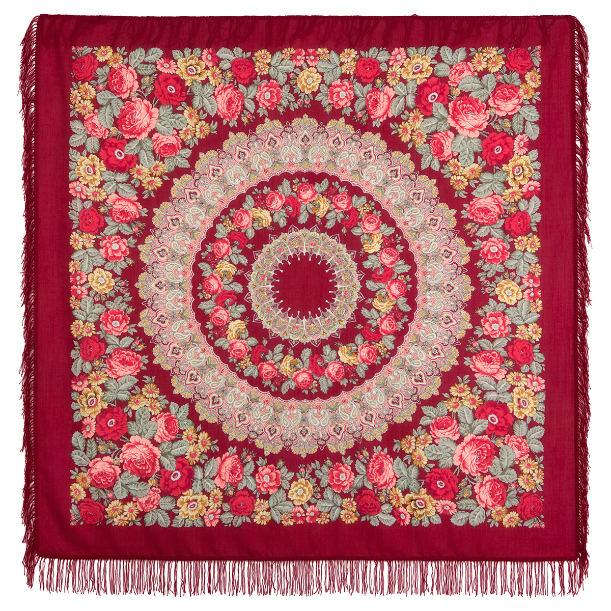 Платок женский Павловопосадский платок 353 бордовый/красный/бежевый, 146х146 см