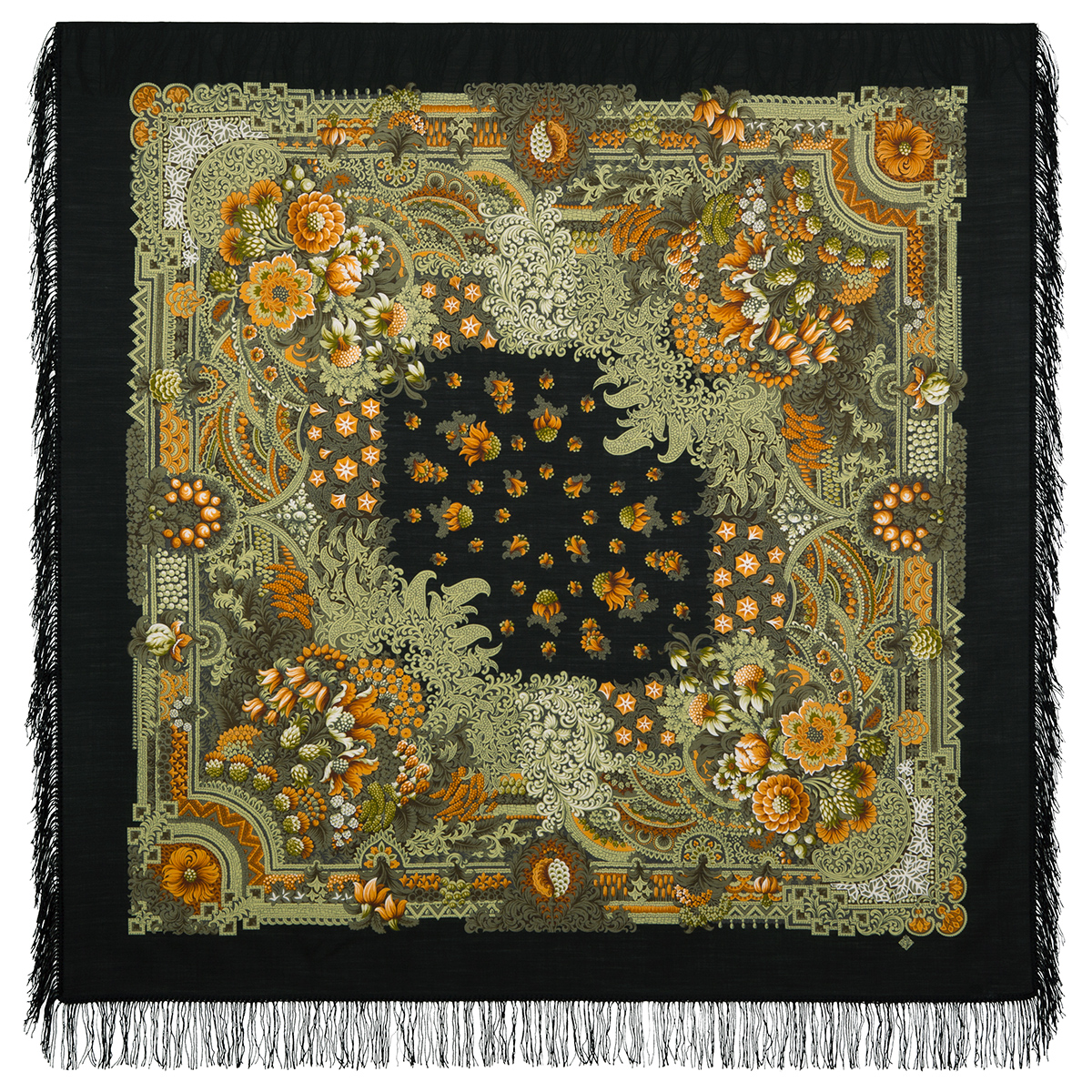 Платок женский Павловопосадский платок 1С146-3-ПН черный/зеленый/оранжевый, 146х146 см