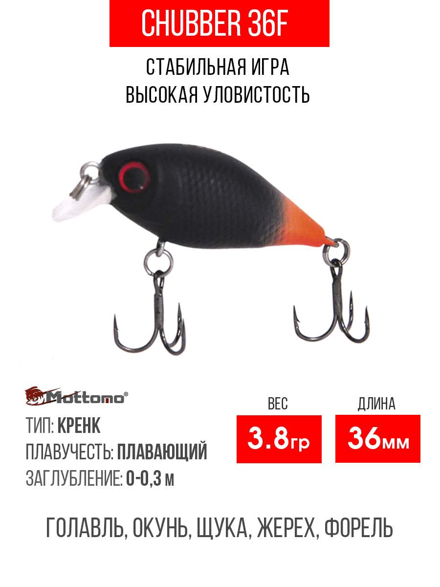 

Воблер Mottomo Chubber 36F 3,8g Black Orange, Разноцветный, Chubber