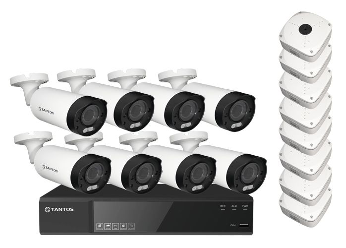 Комплект из 8-ми цилиндрических IP-видеокамер Tantos (5Mpx2.7-13.5mm) с питание по PoE комплект из 4 x купольных и 4 х цилиндрических ip видеокамер tantos 5mpx2 8mm