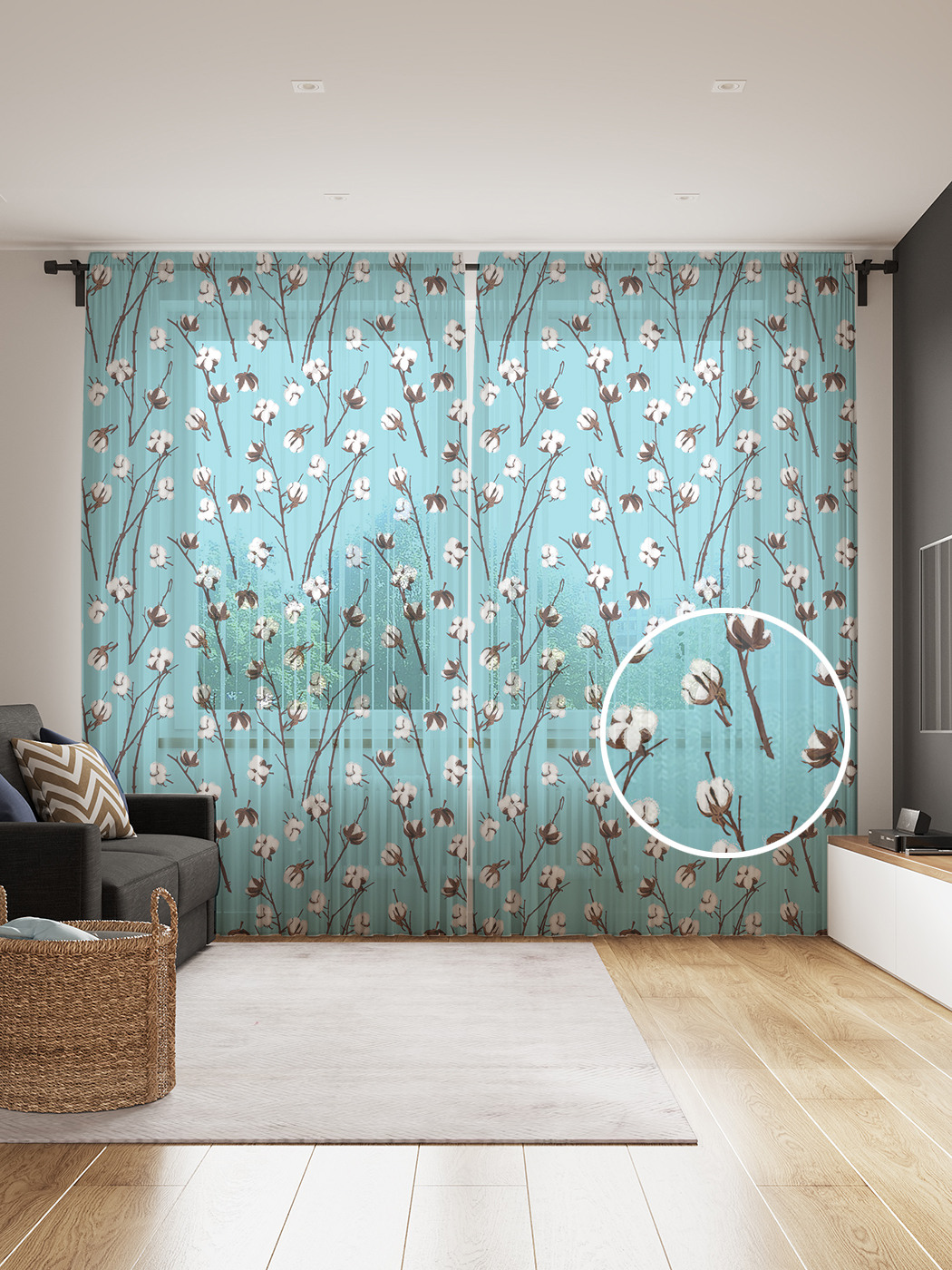 

Фототюль JoyArty "Ветки хлопка", 145x265см (2 полотна со шторной лентой + 50 крючков), Ветки хлопка