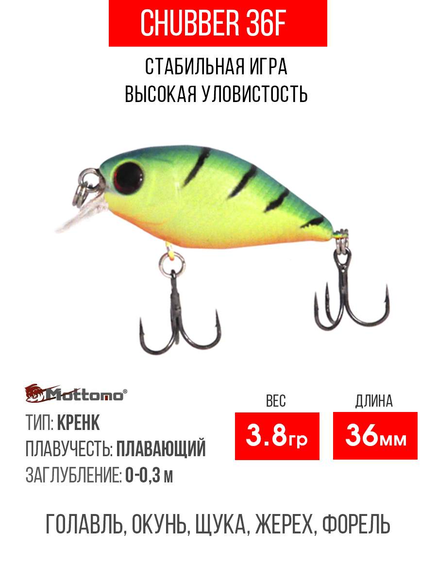 

Воблер Mottomo Chubber 36F 3,8g Lime Tiger, Разноцветный, Chubber