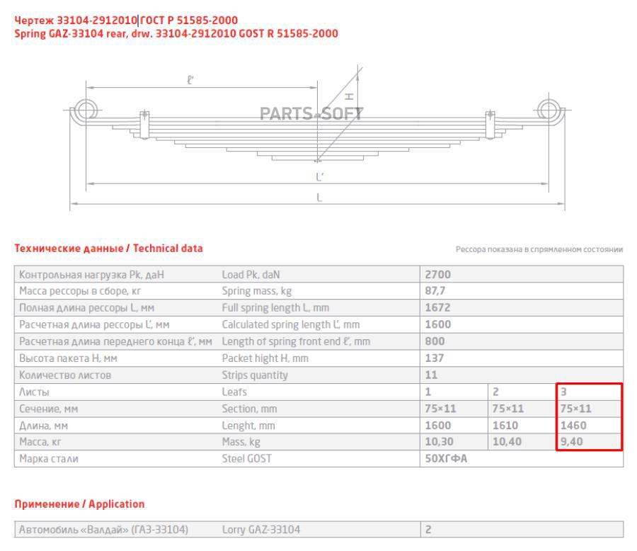 33104-2912103_лист рессоры задн! №3 75х11 L=1460  ГАЗ