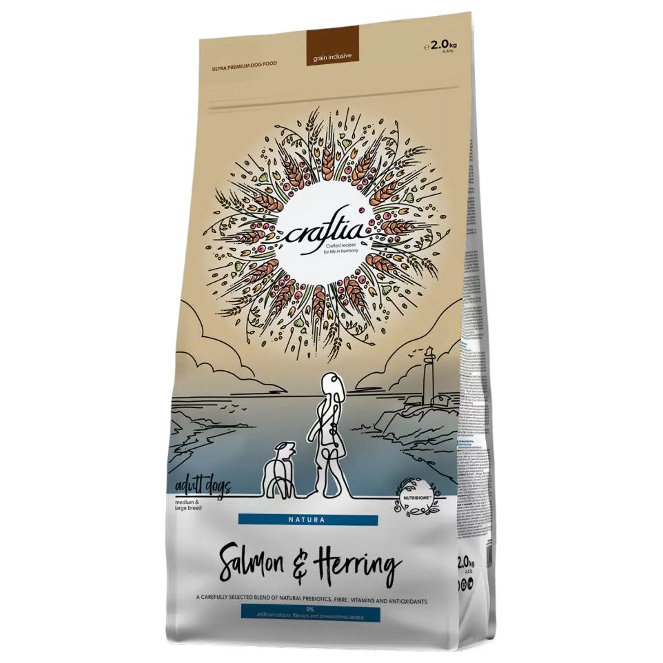 

Сухой корм для собак Craftia Natura средних и крупных пород, с лососем и сельдью, 2 кг