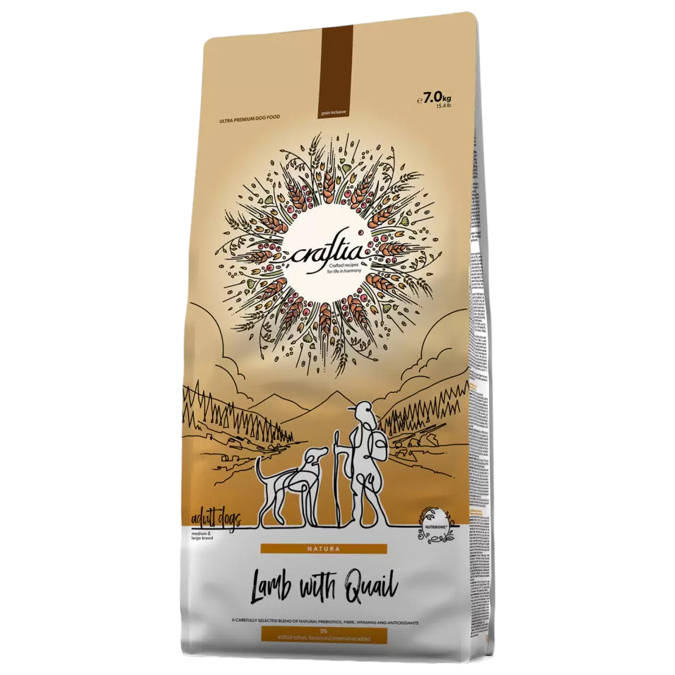 

Сухой корм для собак Craftia Natura средних и крупных пород, с ягненком и перепелкой, 7 кг