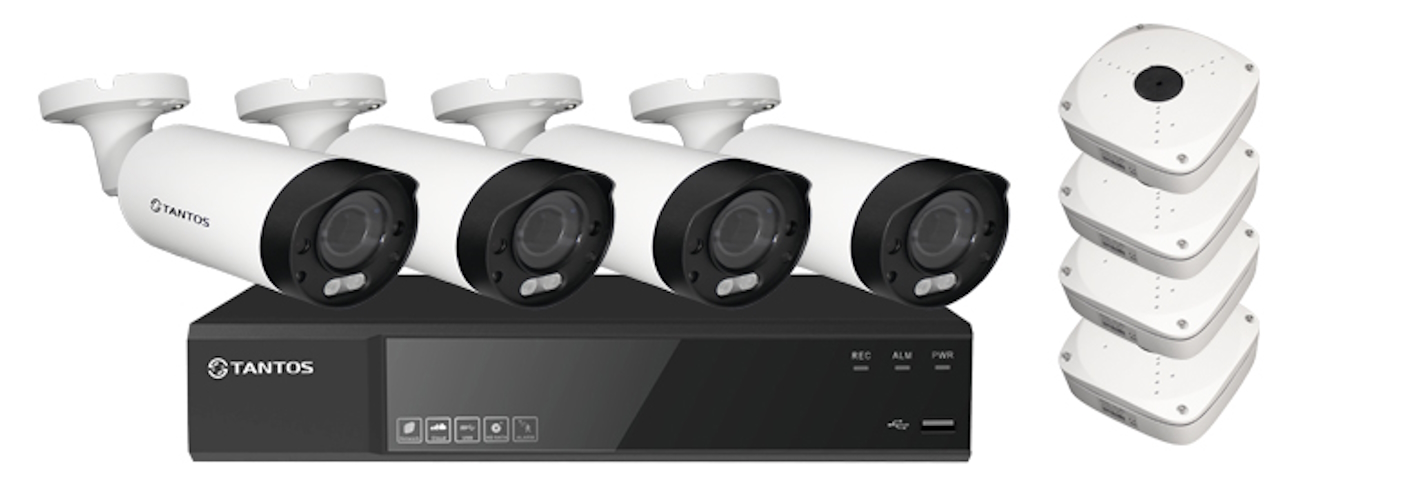 

Комплект из 4-x цилиндрических IP-видеокамер Tantos (5Mpx2.7-13.5mm) с питание по PoE, TSi-Pe50VP(2.7-13.5 мм)/TSr-NV04155P/TSi-JB01 (белая)