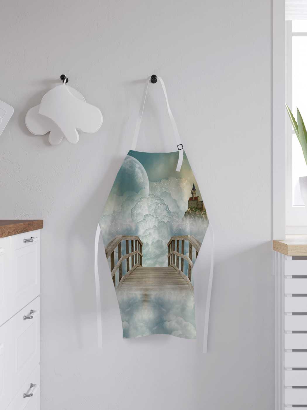 

Фартук женский JoyArty для готовки "Деревянный мост в облаках", универсальный размер, Голубой