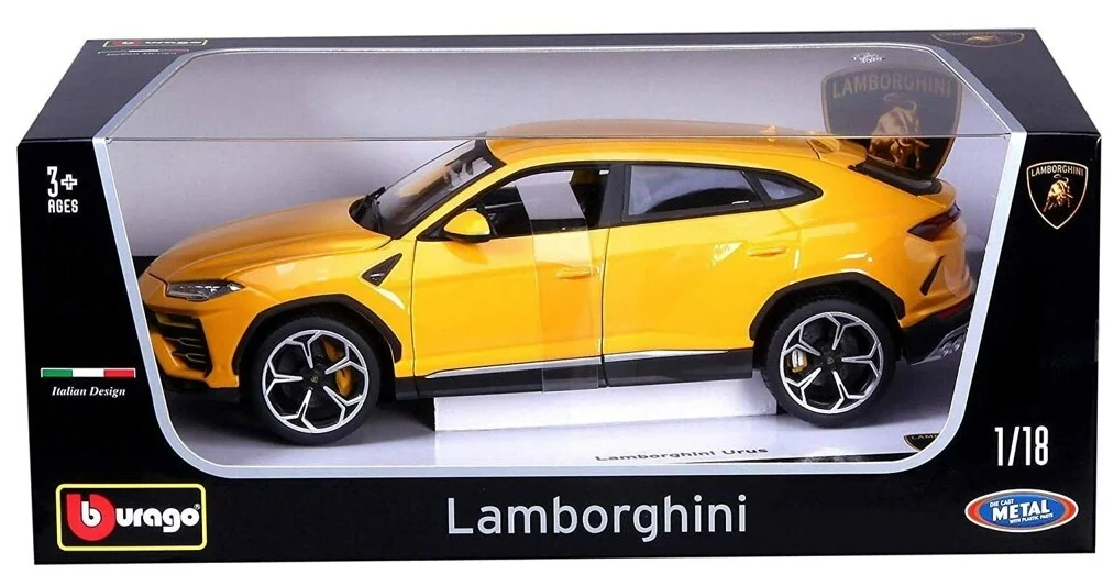 Машинка металлическая 1:18 Bburago Lamborghini Urus желтая 18-11042 bburago 1 32 lamborghini lp610 4 simulation alloy car model plexiglass dustproof display base packaging series collect gift toy