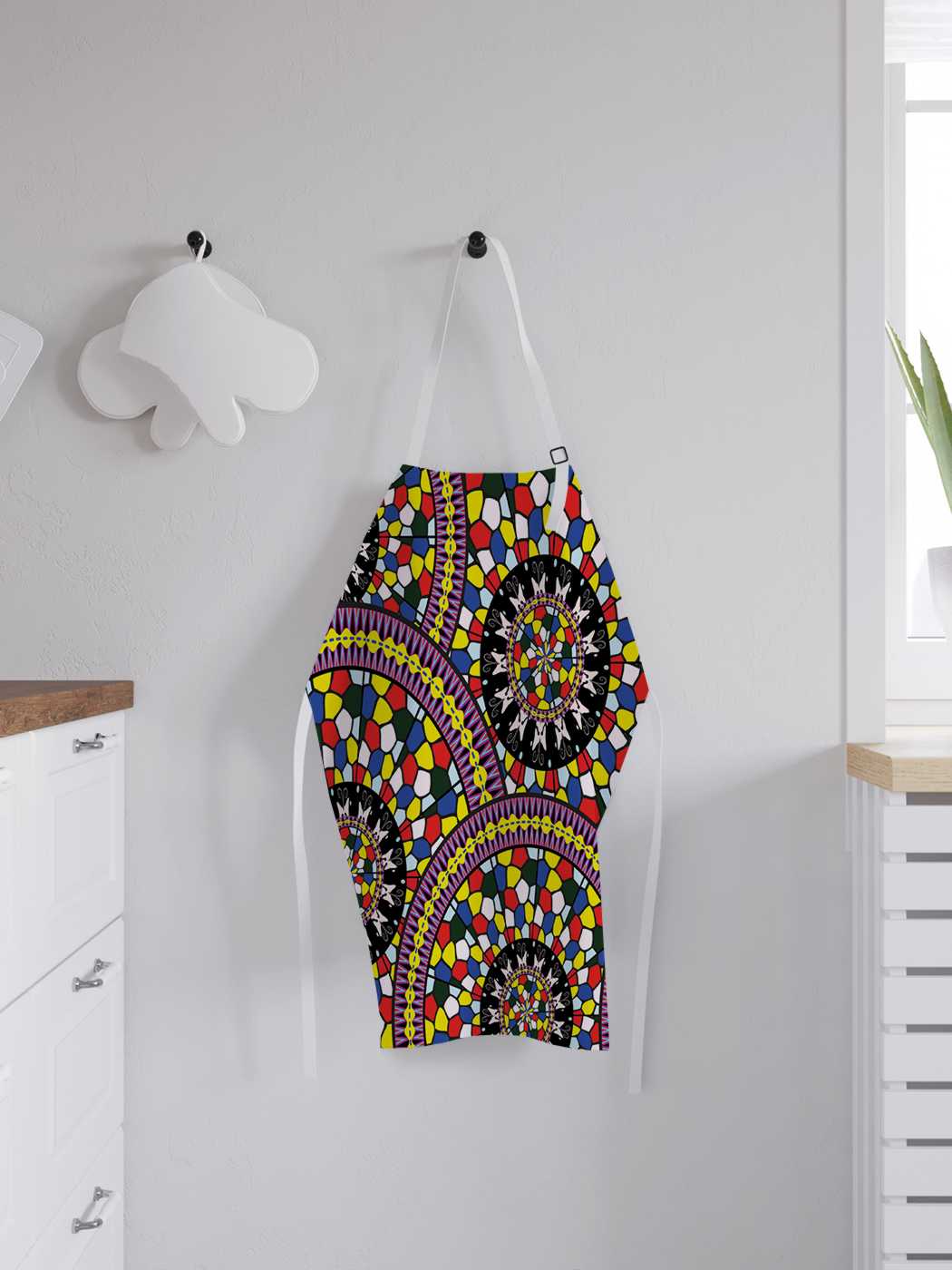 фото Фартук женский joyarty для готовки "цветные круги мозаики", универсальный размер