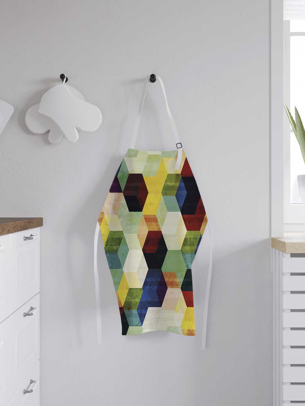 фото Фартук женский joyarty для готовки "цветные пятиугольники", универсальный размер