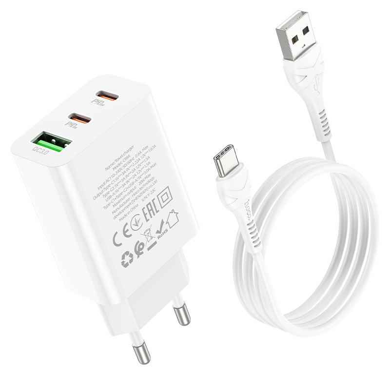 

Сетевое зарядное устройство, hoco, 1 USB 3.0 QC+2 PD 20W/18W (C99A), Type-C, белый