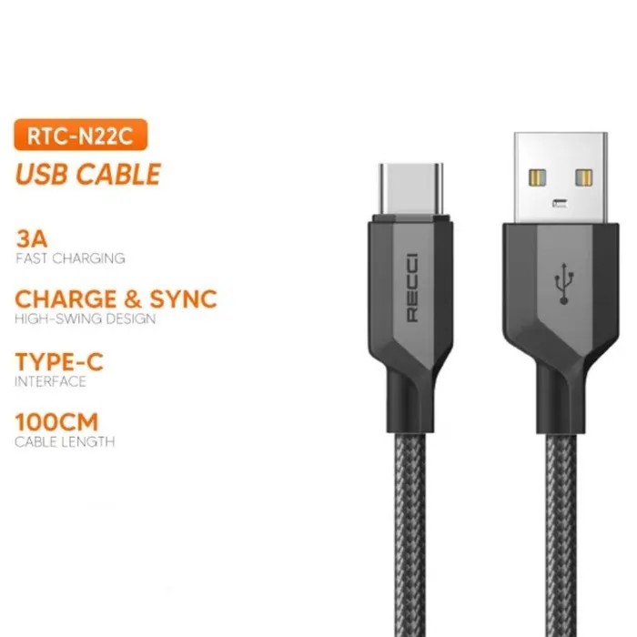 фото Кабель для зарядки телефона recci rtc-n22c giant usb to type-c 3a, 1 метр - черный