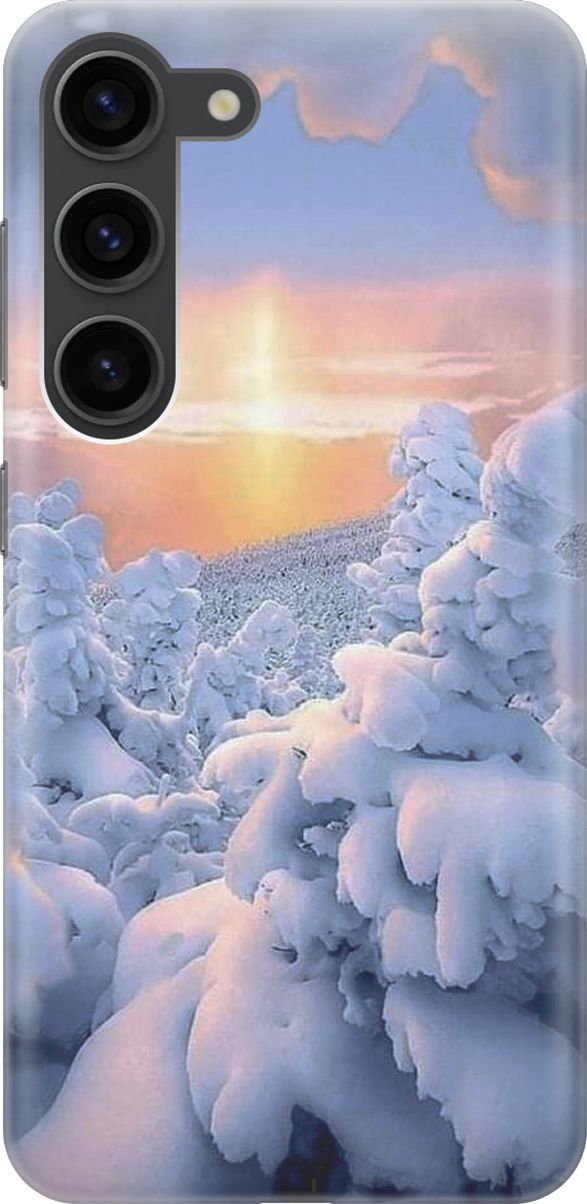 

Силиконовый чехол на Samsung Galaxy S23 с принтом "Заснеженный лес", Белый;голубой, 158291