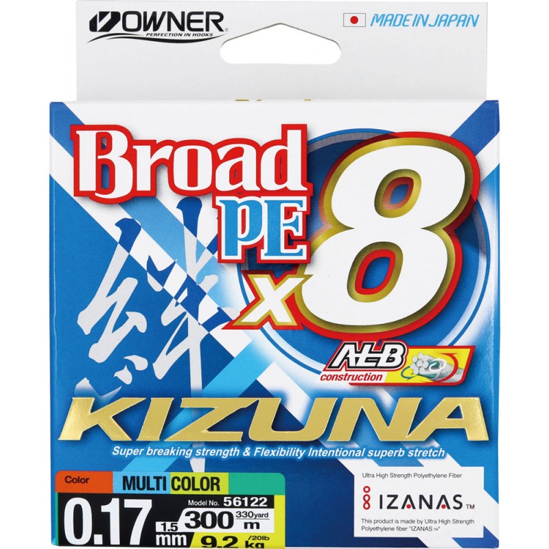 Шнур OWNER Kizuna X8 Broad PE multi color 10м 300м 0,17мм 9,2кг