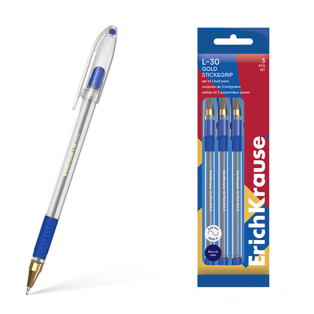 

Набор из 3 ручек шариковых ErichKrause L-30 Gold Stick&Grip Classic 61044 0,7 синие