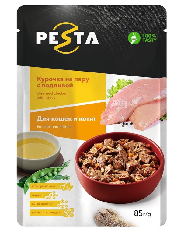 Влажный корм для кошек Pesta кусочки в соусе, курица, 85 гр