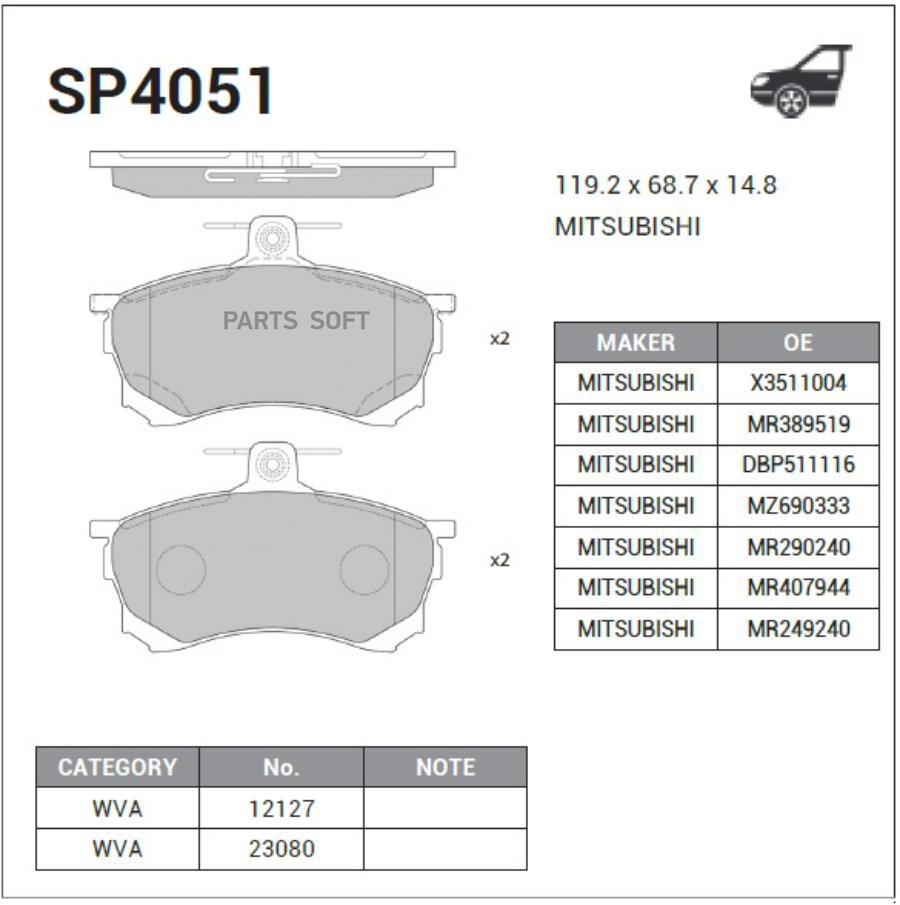 

Колодки дисковые п. \Mitsubishi Carisma 1.6/1.8/GDi/1.9TD 95-06 HI-Q SP4051, SP4051