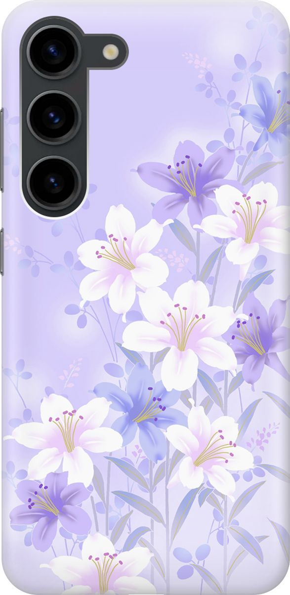 

Силиконовый чехол на Samsung Galaxy S23 с принтом "Лилии на фиолетовом", Белый;фиолетовый, 158294