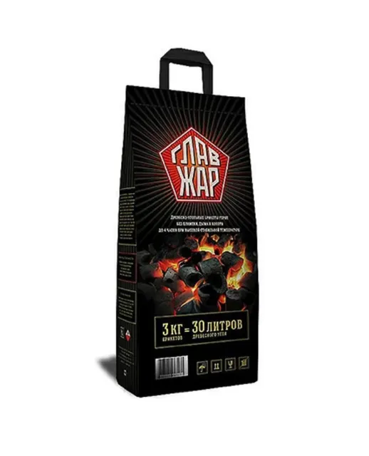 Брикеты ГлавЖар древесно-угольные для гриля, шашлыка и барбекю, 3 кг