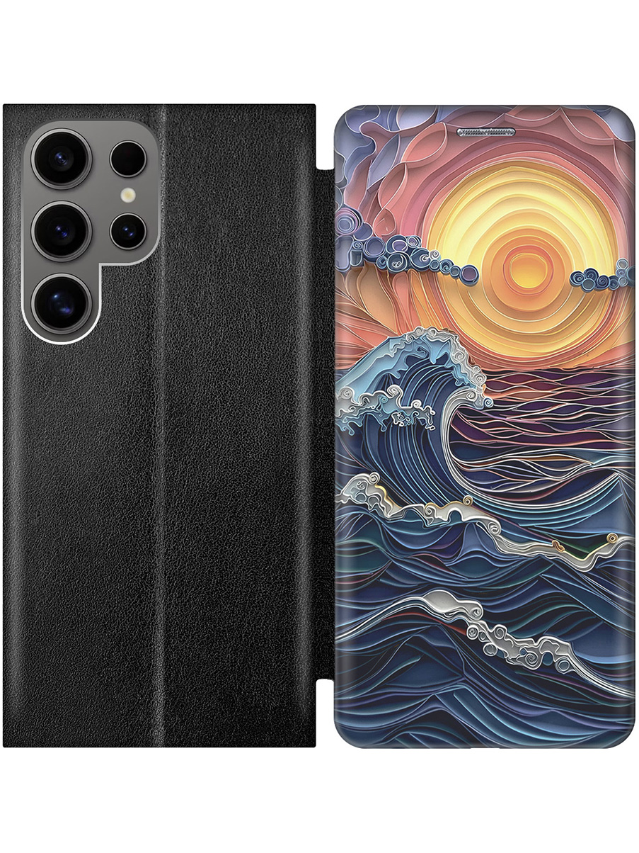 

Чехол-книжка на Samsung Galaxy S24 Ultra с принтом "Волны на закате" черный, 779823510
