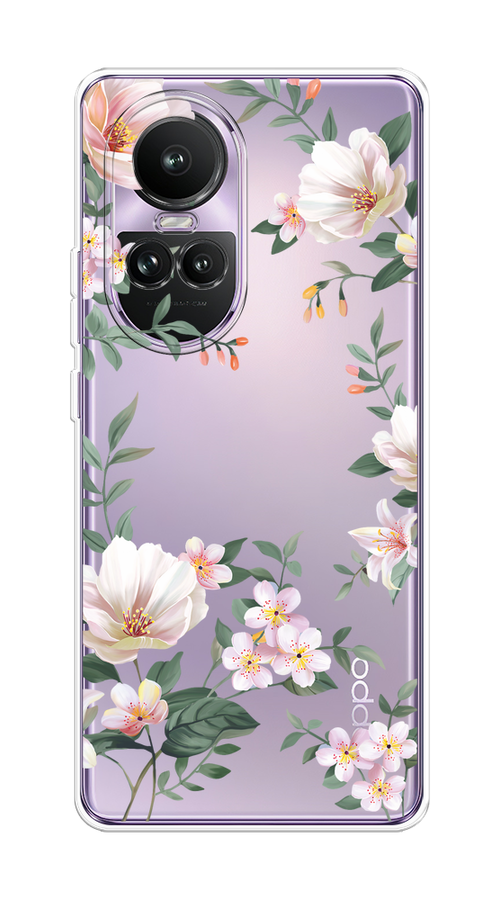 

Чехол на Oppo Reno 10 Global "Beautiful white flowers", Бежевый;зеленый, 2514850-1