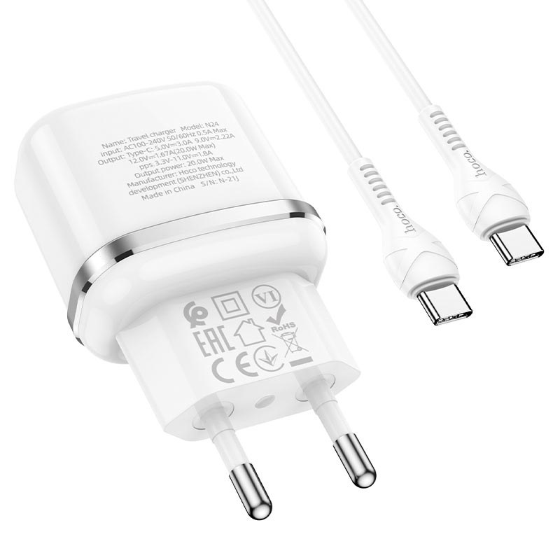 

Сетевое зарядное устройство, hoco, 1 PD 20W, 3.0 QC (N24), Type-C to Type-C, белый