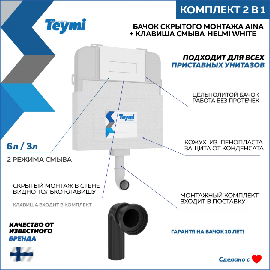 Комплект Teymi 2 в 1 Бачок скрытого монтажа Aina кнопка Helmi белая F00749 14339₽