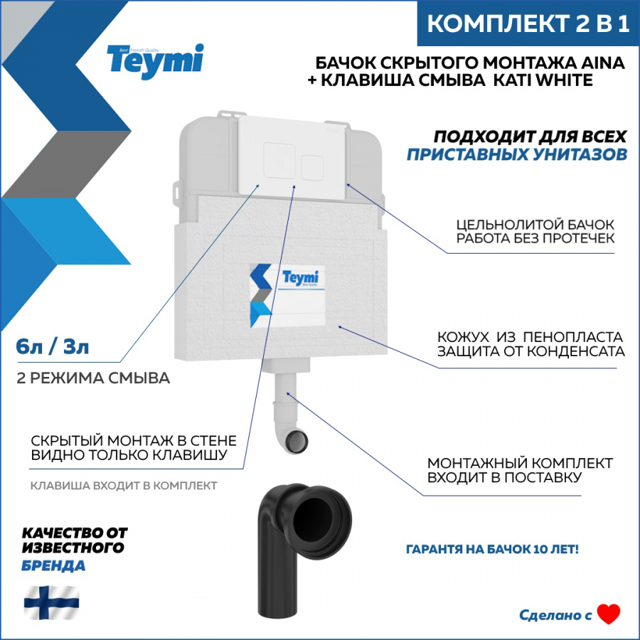 Комплект Teymi 2 в 1: Бачок скрытого монтажа Aina + кнопка Kati белая F00752