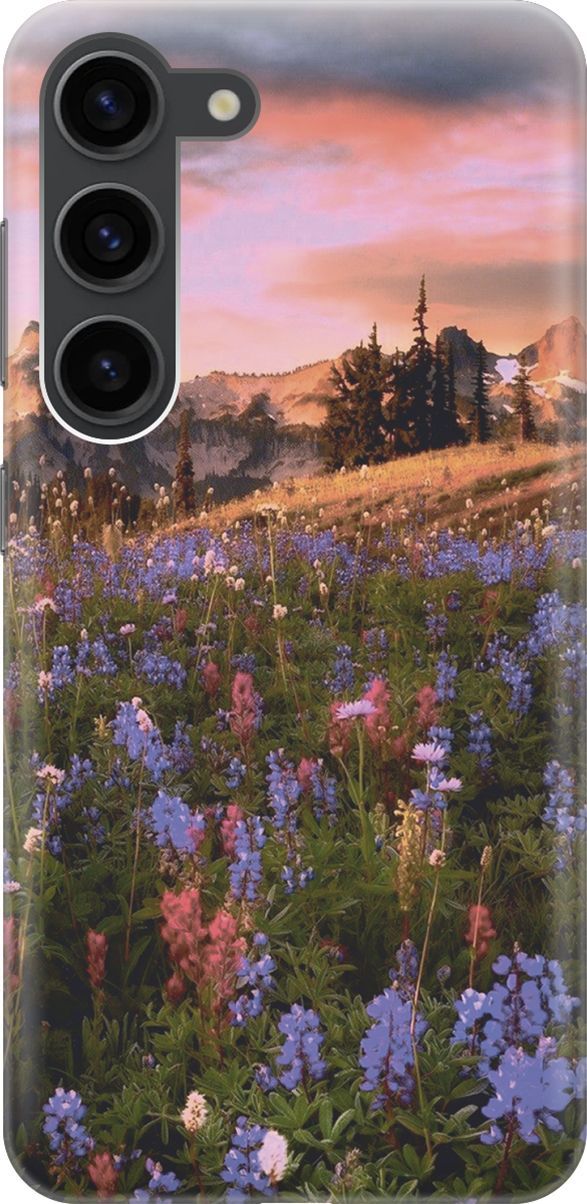 

Силиконовый чехол на Samsung Galaxy S23 с принтом "Цветочное поле и горы", Зеленый;фиолетовый, 158300