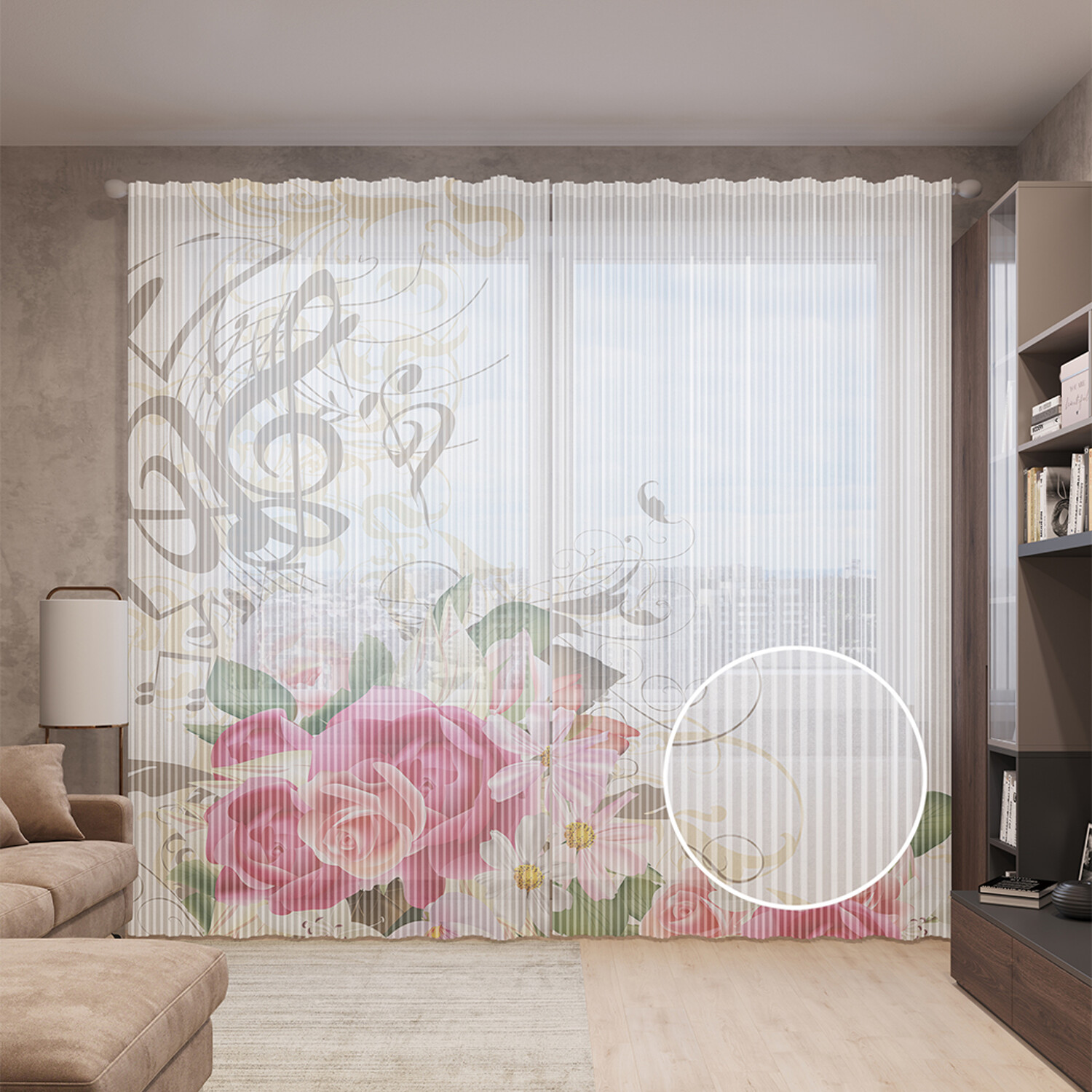 

Тюль вуаль на шторной ленте с принтом JoyArty "Цветы в музыке", 310х265 см, Цветы в музыке