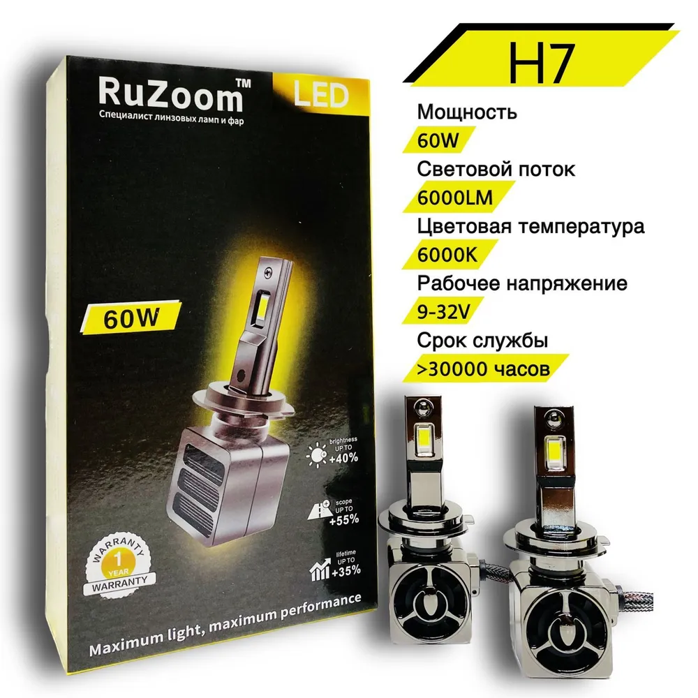 Светодиодные лампы LED 60W RuZoom H7, комплект 2 шт.