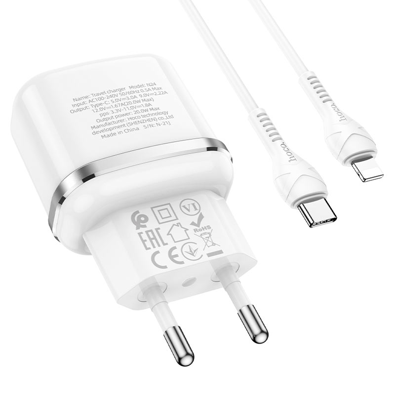 

Сетевое зарядное устройство, hoco, 1 PD 20W, 3.0 QC (N24), Type-C to Lightning, белый