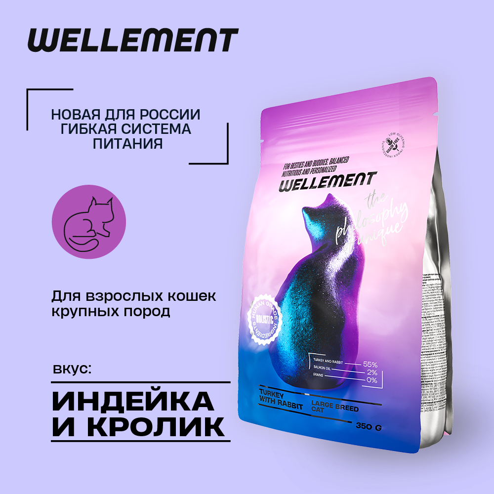 Сухой корм для кошек Wellemen, для крупных пород, с индейкой и кроликом, 350 г