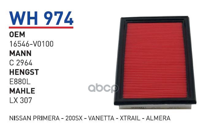 

Воздушный фильтр WUNDER для Nissan Almera Classic, Primera, Maxima WH974, WH974
